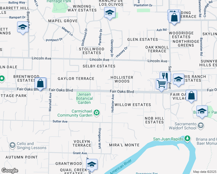 map of restaurants, bars, coffee shops, grocery stores, and more near in Carmichael