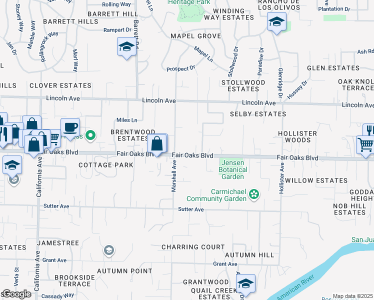 map of restaurants, bars, coffee shops, grocery stores, and more near 8329 Fair Oaks Boulevard in Carmichael