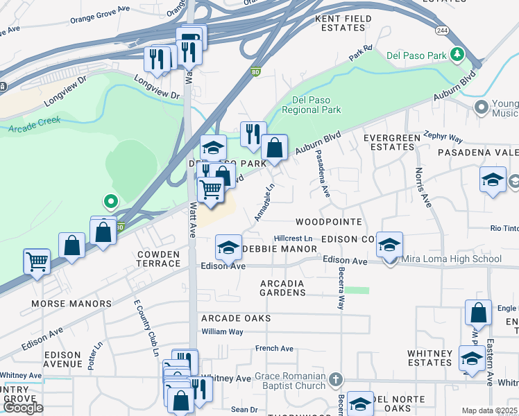 map of restaurants, bars, coffee shops, grocery stores, and more near 3911 Annadale Lane in Sacramento