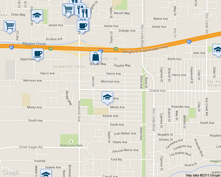 map of restaurants, bars, coffee shops, grocery stores, and more near 613 Grand Avenue in Sacramento