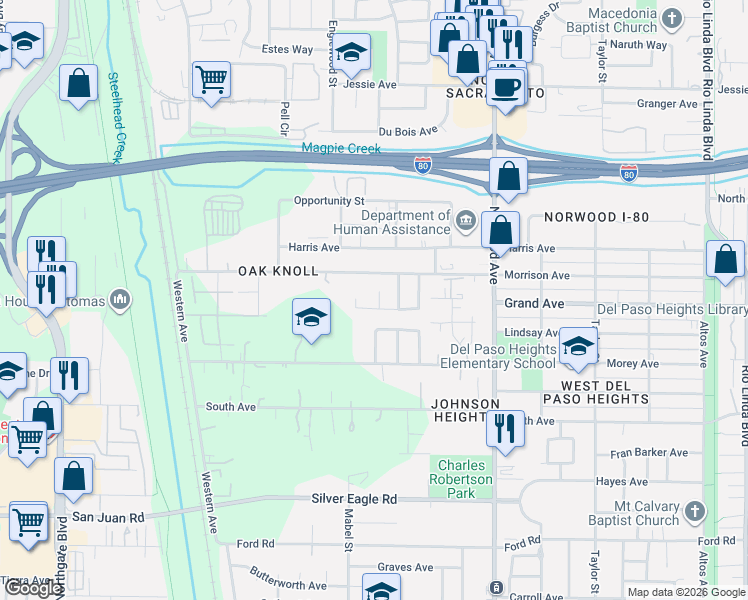 map of restaurants, bars, coffee shops, grocery stores, and more near 12 Roscommon Court in Sacramento