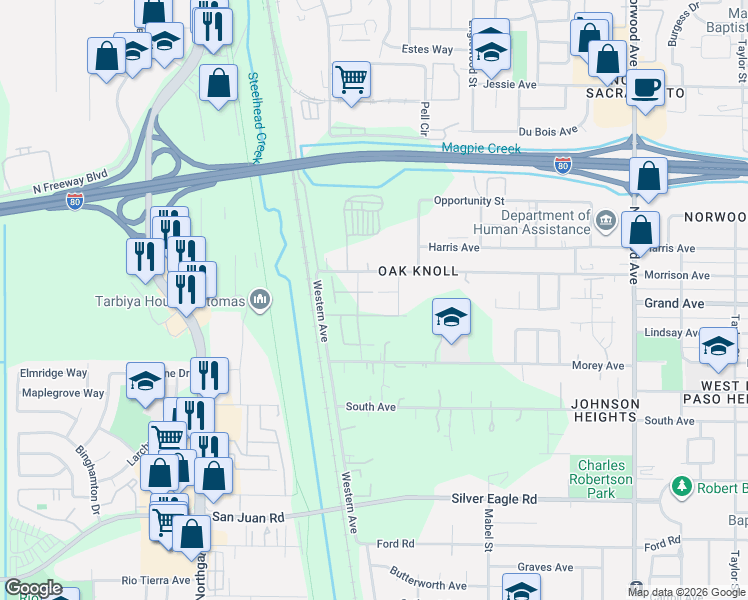 map of restaurants, bars, coffee shops, grocery stores, and more near 40 Morrison Avenue in Sacramento