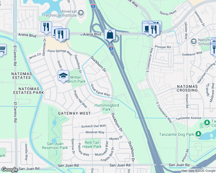map of restaurants, bars, coffee shops, grocery stores, and more near 3021 Delta Tule Way in Sacramento