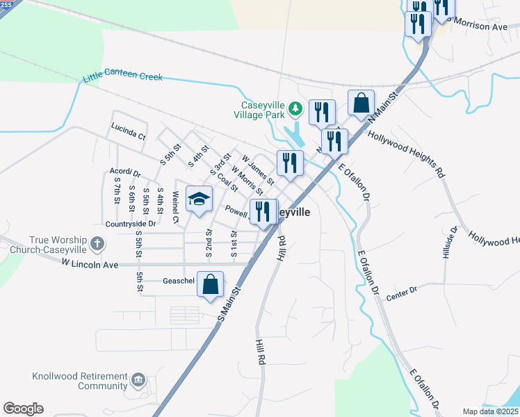 map of restaurants, bars, coffee shops, grocery stores, and more near 10 West Morris Street in Caseyville