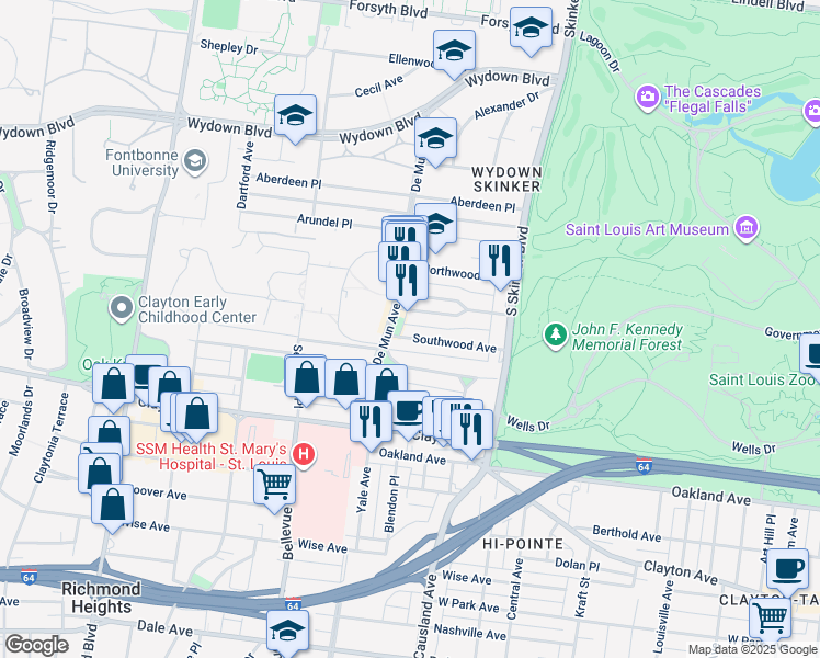 map of restaurants, bars, coffee shops, grocery stores, and more near 6337 Southwood Avenue in Clayton