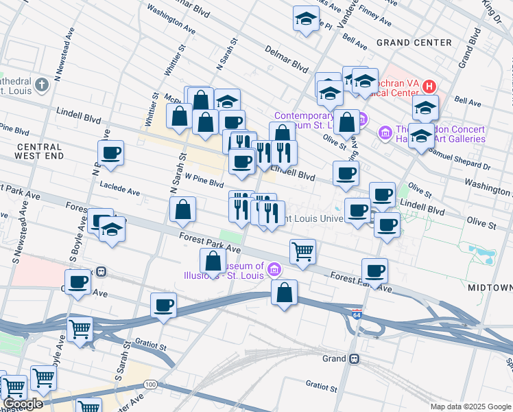 map of restaurants, bars, coffee shops, grocery stores, and more near 20 Vandeventer Avenue in St. Louis
