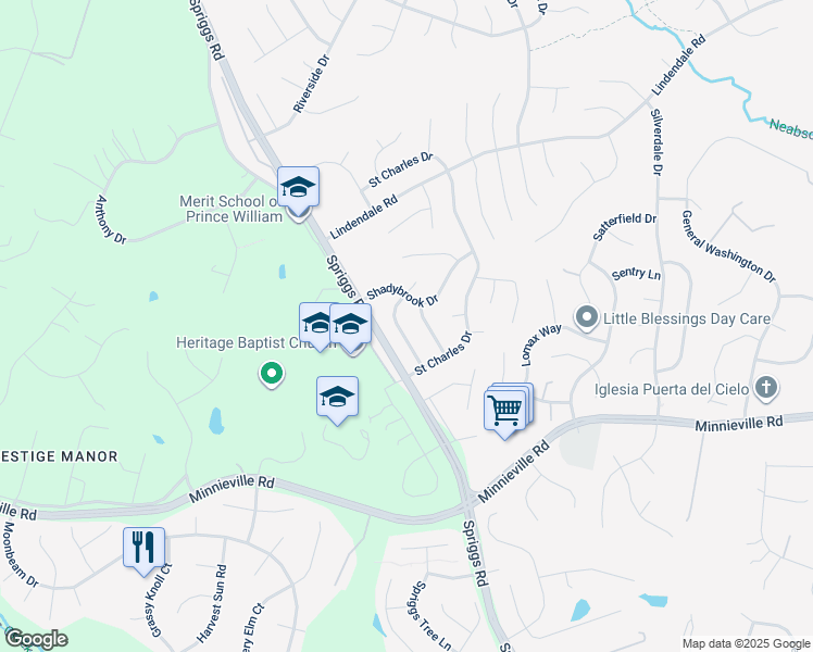 map of restaurants, bars, coffee shops, grocery stores, and more near 5681 Saffron Lane in Woodbridge