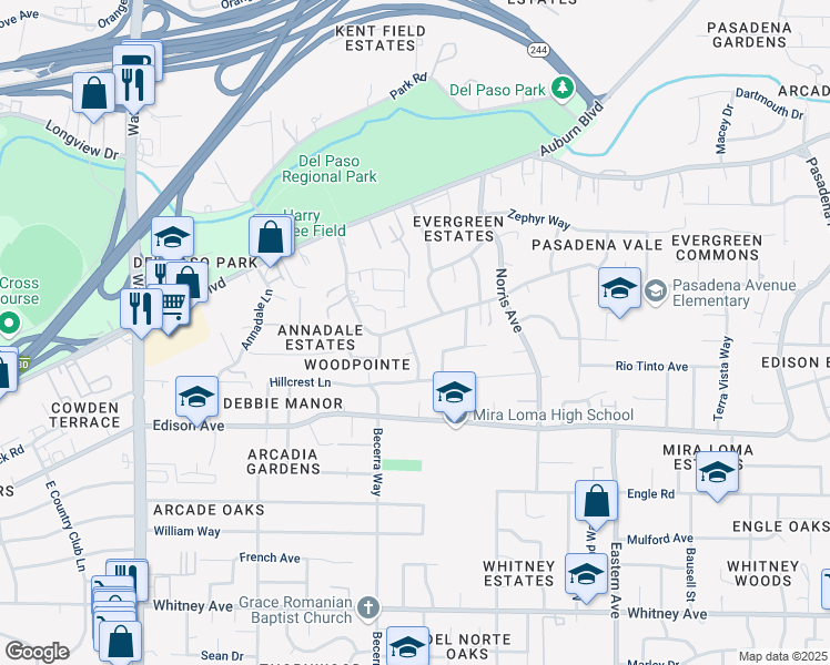 map of restaurants, bars, coffee shops, grocery stores, and more near 3930 Aberdeen Way in Sacramento