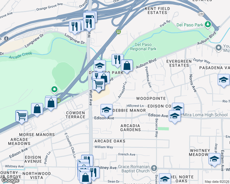 map of restaurants, bars, coffee shops, grocery stores, and more near 3859 Annadale Lane in Sacramento