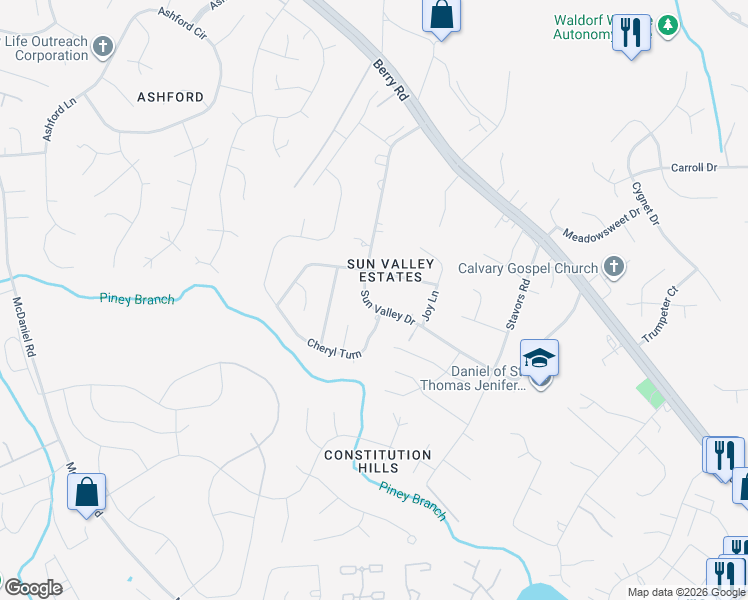 map of restaurants, bars, coffee shops, grocery stores, and more near 2714 Sun Valley Drive in Waldorf