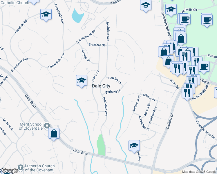 map of restaurants, bars, coffee shops, grocery stores, and more near 3207 Bayfield Drive in Woodbridge