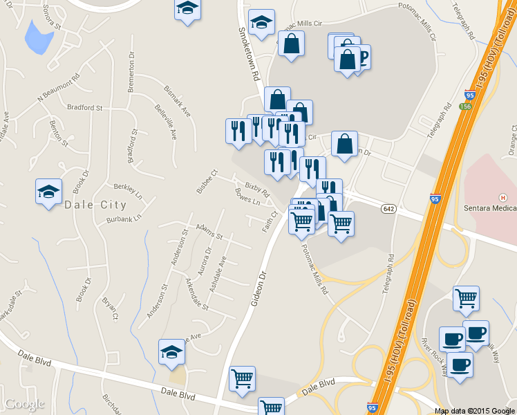 map of restaurants, bars, coffee shops, grocery stores, and more near 2845 Bowes Lane in Woodbridge