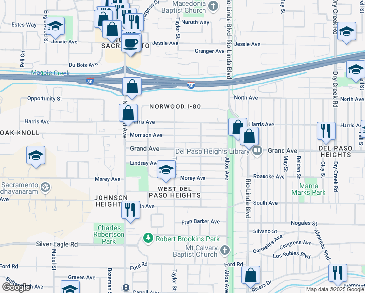 map of restaurants, bars, coffee shops, grocery stores, and more near 613 Grand Avenue in Sacramento