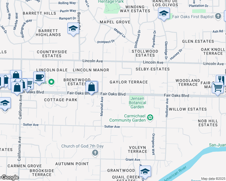 map of restaurants, bars, coffee shops, grocery stores, and more near 8329 Fair Oaks Boulevard in Carmichael