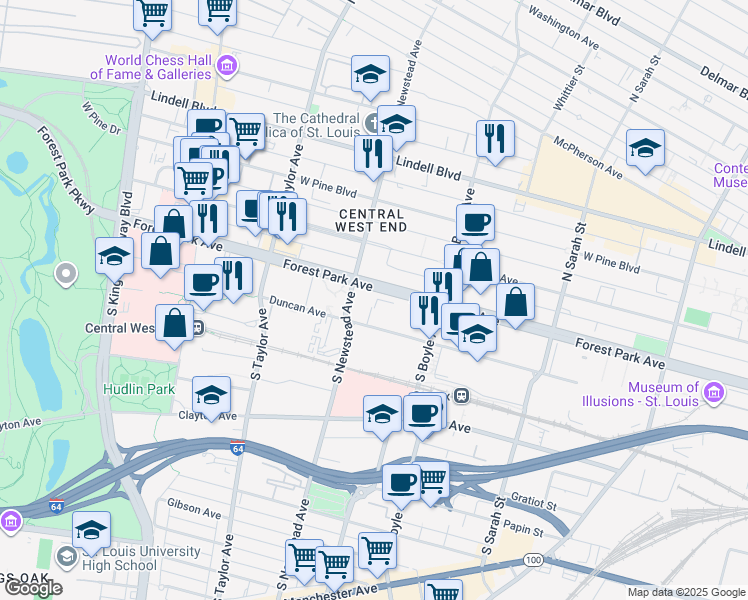 map of restaurants, bars, coffee shops, grocery stores, and more near 4376 Forest Park Avenue in St. Louis