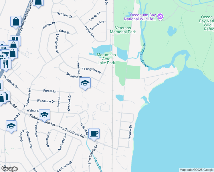map of restaurants, bars, coffee shops, grocery stores, and more near 14462 Meridian Drive in Woodbridge