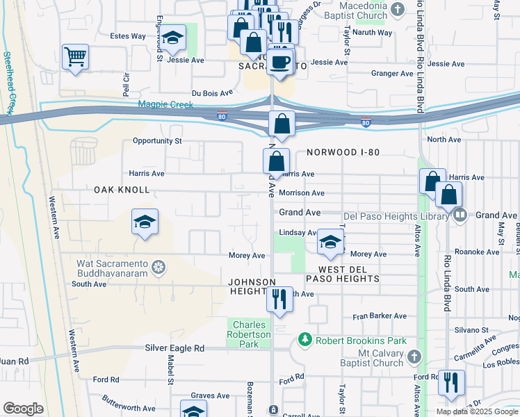 map of restaurants, bars, coffee shops, grocery stores, and more near 3801 Norwood Avenue in Sacramento