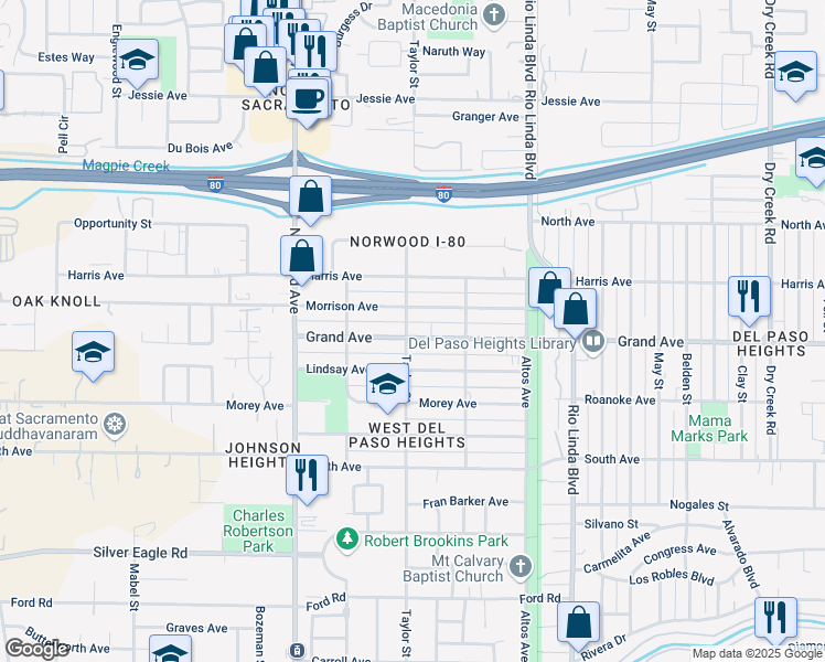 map of restaurants, bars, coffee shops, grocery stores, and more near 613 Grand Avenue in Sacramento