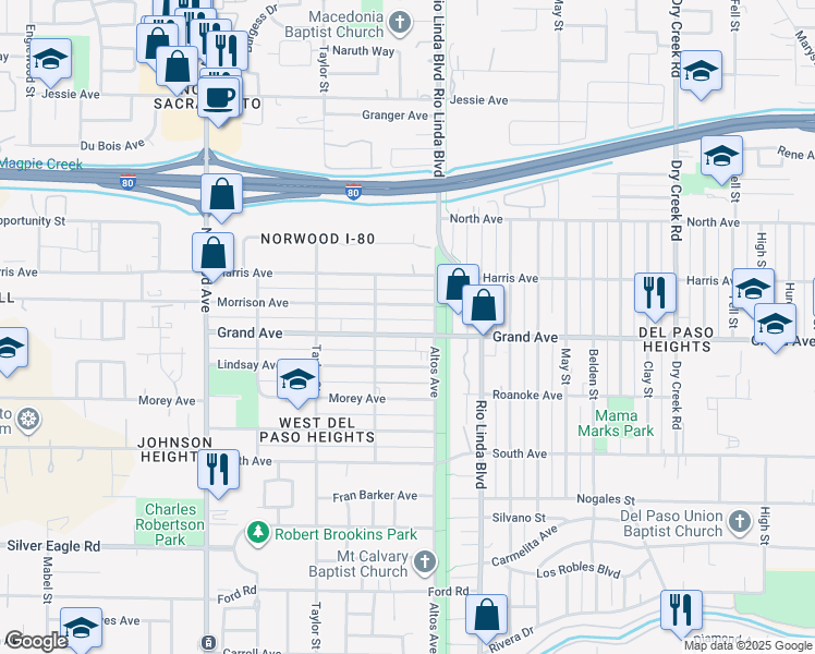 map of restaurants, bars, coffee shops, grocery stores, and more near 725 Grand Avenue in Sacramento
