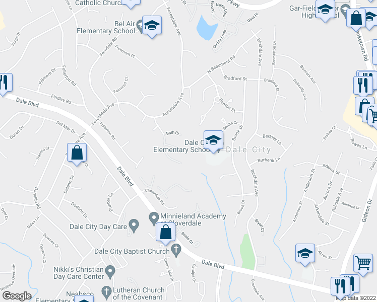 map of restaurants, bars, coffee shops, grocery stores, and more near 3504 Buffalo Court in Woodbridge