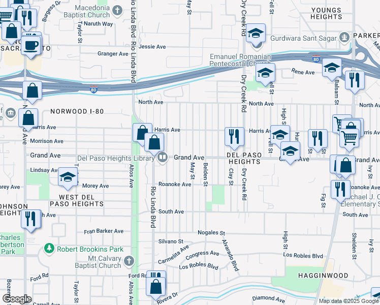 map of restaurants, bars, coffee shops, grocery stores, and more near 3805 May Street in Sacramento