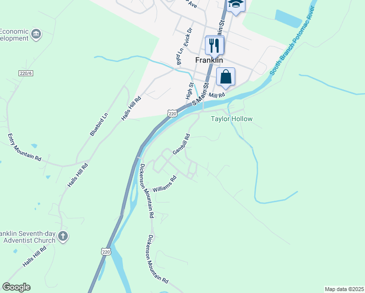 map of restaurants, bars, coffee shops, grocery stores, and more near Gambill Road in Franklin