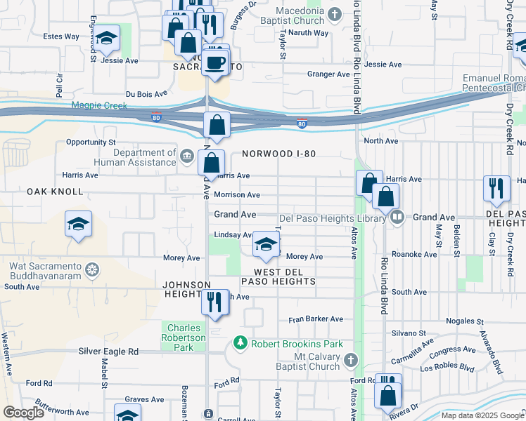 map of restaurants, bars, coffee shops, grocery stores, and more near 557 Grand Avenue in Sacramento