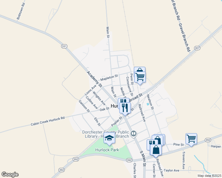 map of restaurants, bars, coffee shops, grocery stores, and more near 308 North Main Street in Hurlock
