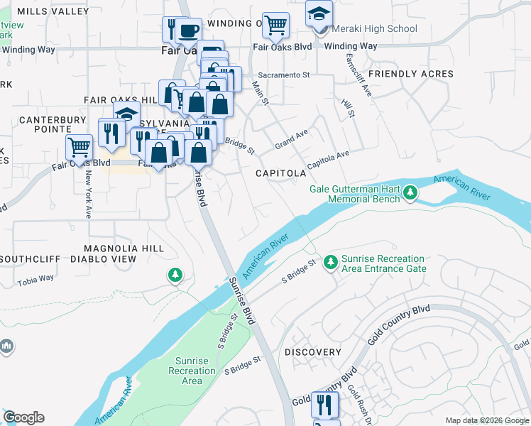 map of restaurants, bars, coffee shops, grocery stores, and more near 3960 Ridge Street in Fair Oaks