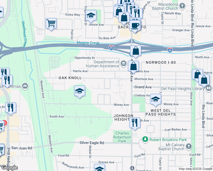 map of restaurants, bars, coffee shops, grocery stores, and more near 291 McDaniel Circle in Sacramento