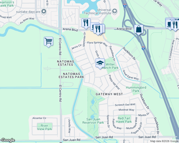 map of restaurants, bars, coffee shops, grocery stores, and more near 40 Opus Circle in Sacramento