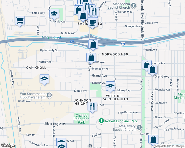 map of restaurants, bars, coffee shops, grocery stores, and more near 411 Grand Avenue in Sacramento