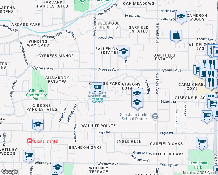 map of restaurants, bars, coffee shops, grocery stores, and more near 3957 Oak Villa Circle in Carmichael