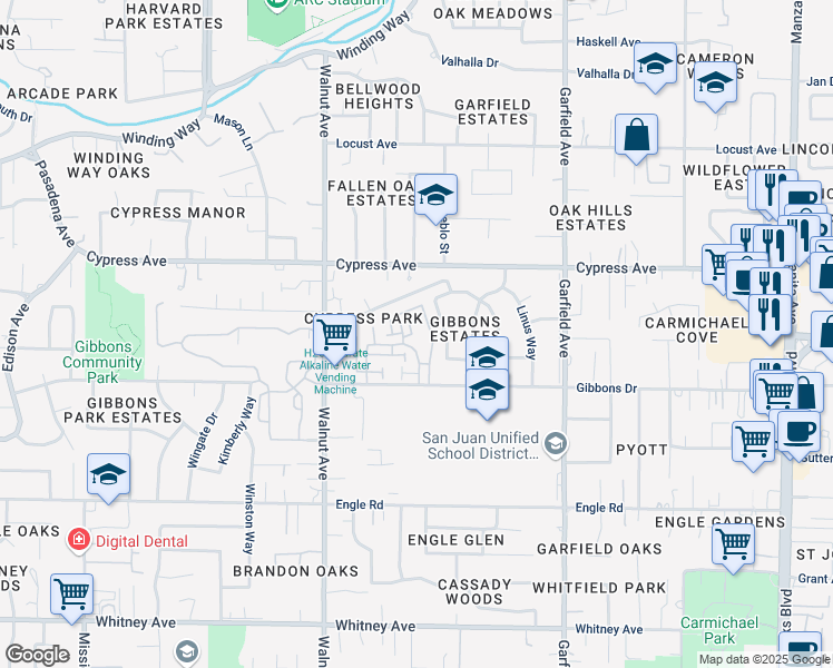 map of restaurants, bars, coffee shops, grocery stores, and more near 4026 Knoll Top Court in Carmichael