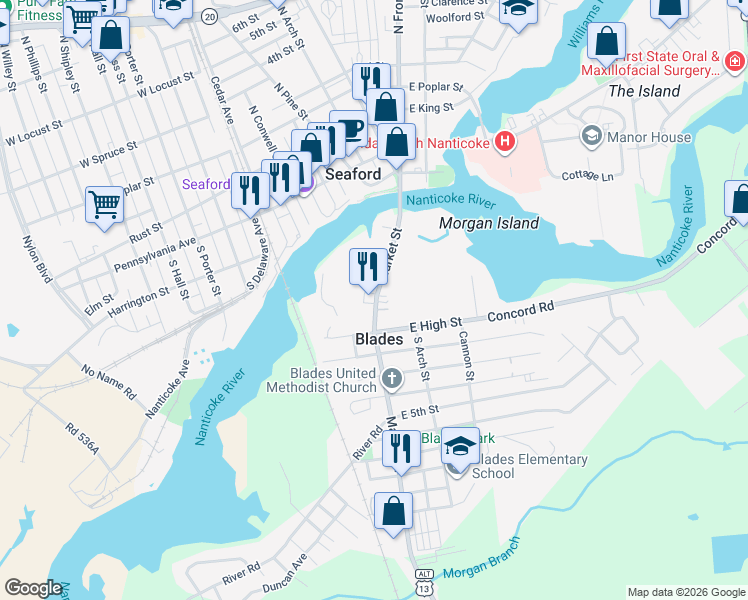 map of restaurants, bars, coffee shops, grocery stores, and more near 2 U.S. 13 Alt in Blades