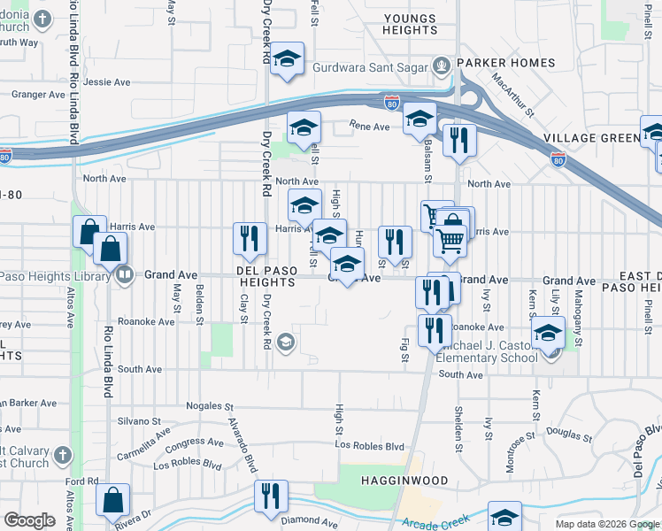 map of restaurants, bars, coffee shops, grocery stores, and more near in Sacramento