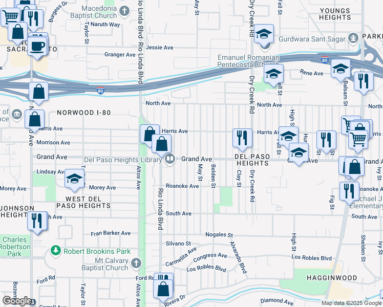 map of restaurants, bars, coffee shops, grocery stores, and more near 3805 May Street in Sacramento