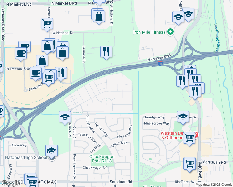 map of restaurants, bars, coffee shops, grocery stores, and more near 1205 Aspenparke Way in Sacramento