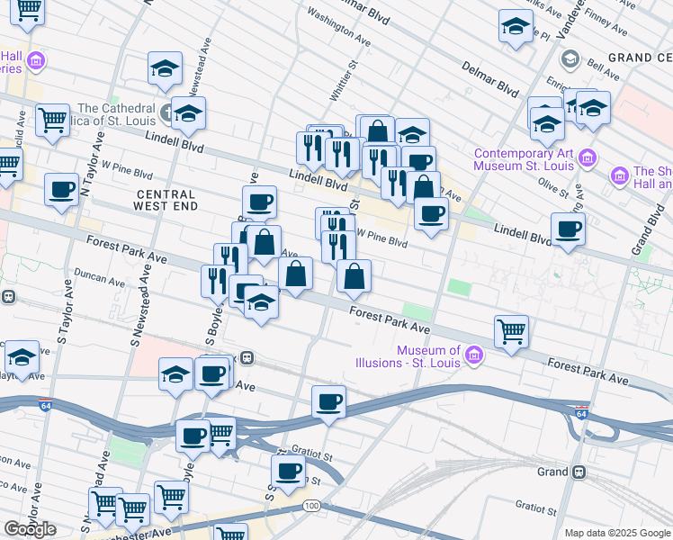 map of restaurants, bars, coffee shops, grocery stores, and more near 4100 Laclede Avenue in St. Louis