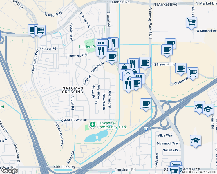 map of restaurants, bars, coffee shops, grocery stores, and more near 3805 Broadland St in Sacramento