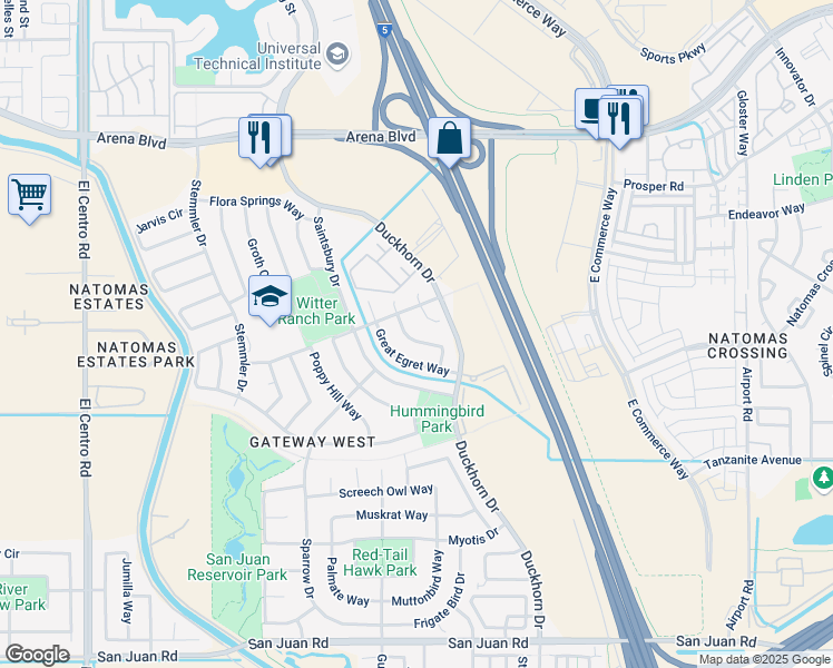 map of restaurants, bars, coffee shops, grocery stores, and more near 3069 Delta Tule Way in Sacramento