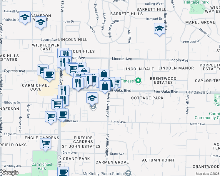 map of restaurants, bars, coffee shops, grocery stores, and more near in Carmichael