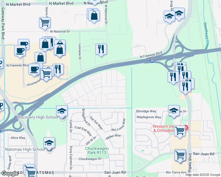 map of restaurants, bars, coffee shops, grocery stores, and more near 1205 Aspenparke Way in Sacramento