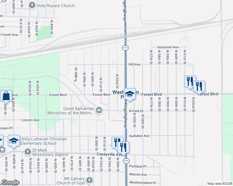 map of restaurants, bars, coffee shops, grocery stores, and more near 5277 Forest Boulevard in East St. Louis
