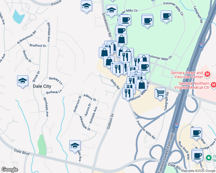 map of restaurants, bars, coffee shops, grocery stores, and more near 2855 Bowes Lane in Woodbridge