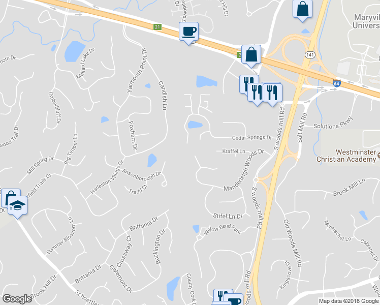 map of restaurants, bars, coffee shops, grocery stores, and more near 1601 Stifel Woods Drive in Chesterfield