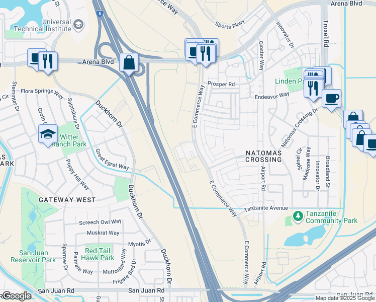 map of restaurants, bars, coffee shops, grocery stores, and more near 3761 East Commerce Way in Sacramento