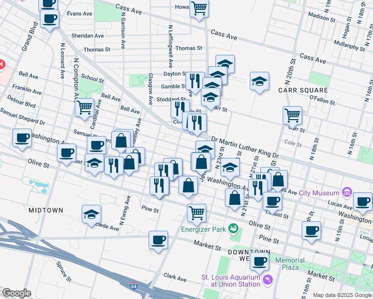 map of restaurants, bars, coffee shops, grocery stores, and more near 2638 Delmar Boulevard in St. Louis