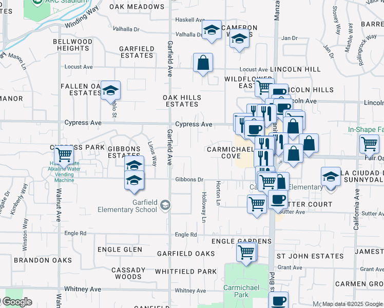 map of restaurants, bars, coffee shops, grocery stores, and more near 3928 Henderson Way in Carmichael