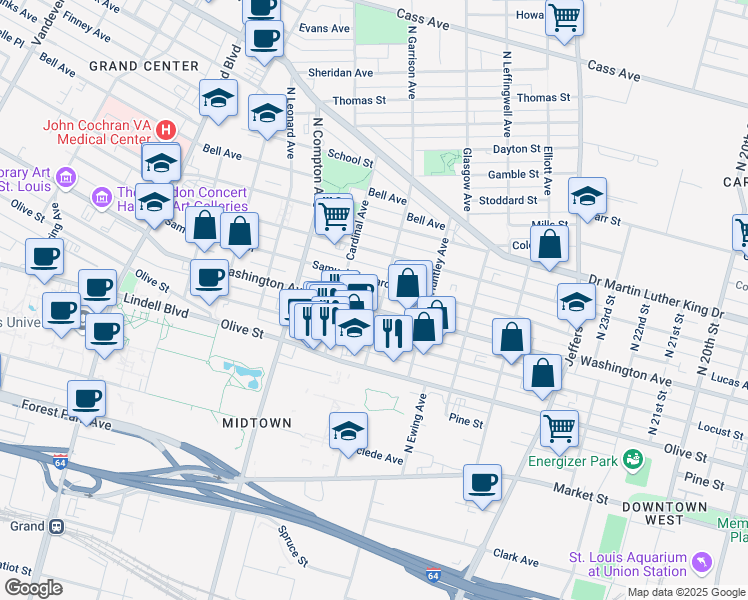map of restaurants, bars, coffee shops, grocery stores, and more near 3001 Washington Avenue in St. Louis